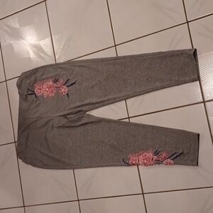 4/$60 Gray "Loose-Fit" Leggings With Pink Floral Embroidered Appliqué